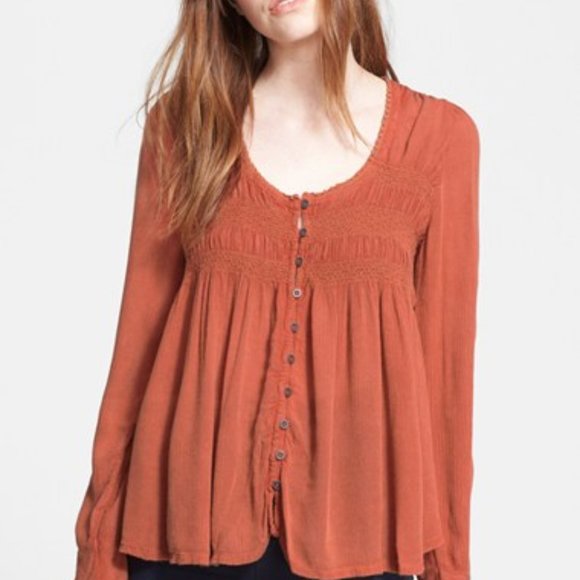 NWT free people Blue Bird smocked button down top - Picture 1 of 9